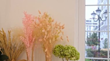 Kurumuş pembe ve bej çiçekli yeşil ortanca dışarıdaki şehir manzaralı bir pencerenin yanında sergileniyordu..