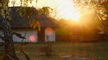 Geleneksel Ukrayna Kulübesi Thatched Çatı ve Ahşap Depolama Sunset 'te Sonbahar Yeşilliği ile