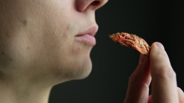 Bir adam mikro doz Amaric 'i tedavi eder, kurutulmuş kırmızı manita muscaria yer..