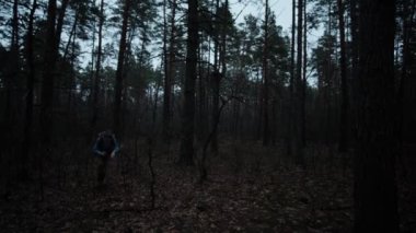 Akşam karanlığında ormanda kaybolan bir adam, akıllı telefonunu dikkatli bir şekilde etrafa bakarken doğru yolu bulmak için kullanıyor..