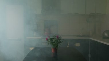 Yoğun duman mutfaktan yayılarak tehlikeli bir atmosfer yaratırken, küçük bir saksı gül bitkisi masada tam bir kontrastlık olarak oturuyor.