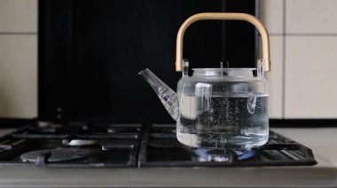 Bir el gaz sobasını çakmakla yakar ve su kaynatmak için ahşap saplı cam bir su ısıtıcısı kullanır. Görünür kabarcıklar ısıtma sürecini gösteriyor, ev yemeklerini ve mutfak atmosferini vurguluyor.