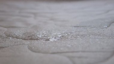 Görünür toprak ve nem ile lekeli yatak yüzeyinin makro çekimi. Derin temizlemeden önce sprey sıkılmış. Temizlik, leke çıkarma ve temizlik hizmetleri için ideal..