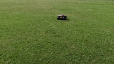 Robot çim biçme makinesi yerleşim alanında çalışıyor. Otomatik çim biçme ve zahmetsiz çim bakımı için modern akıllı aygıt.