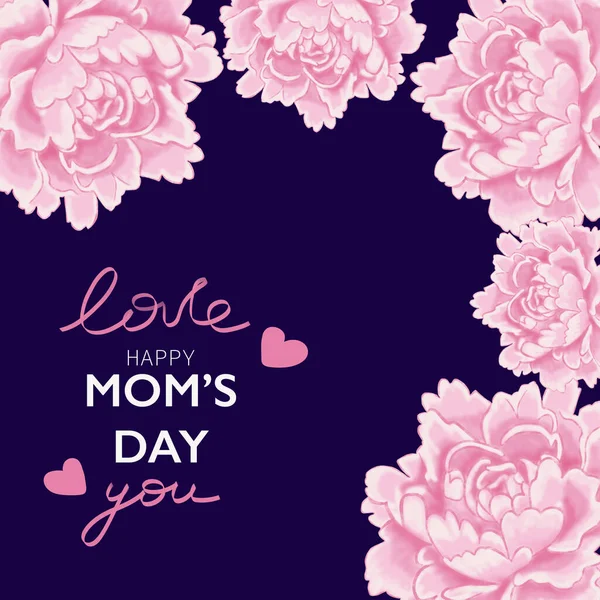 Rózsaszín Virágok Sötétkék Háttérben Szavak Szerelem Boldog Anyák Napja — Stock Fotó