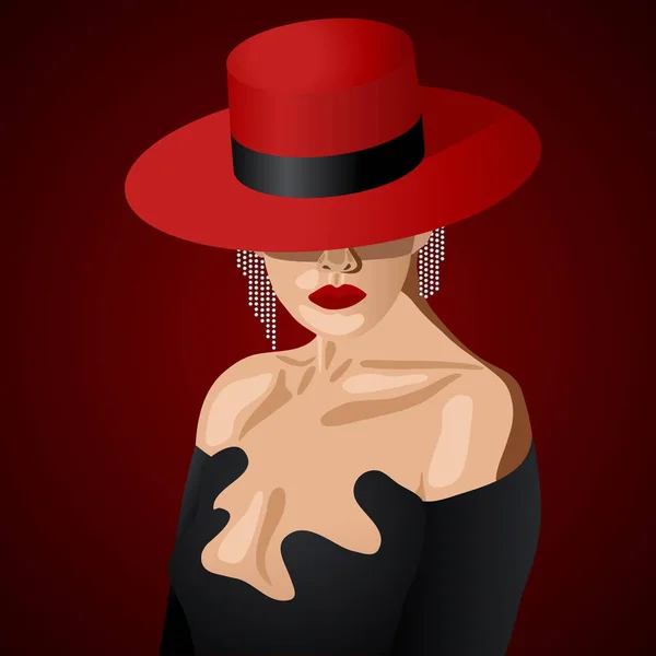 Elegant Lady Red Hat Black Dress Vector — Stock Vector