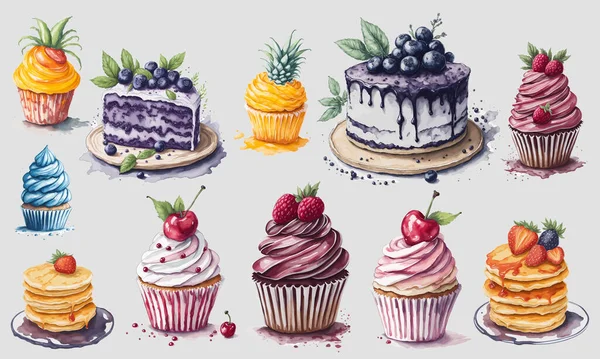 stock vector Delicious Desserts: A Watercolor Collection of Cakes, Cupcakes, and Pancakes