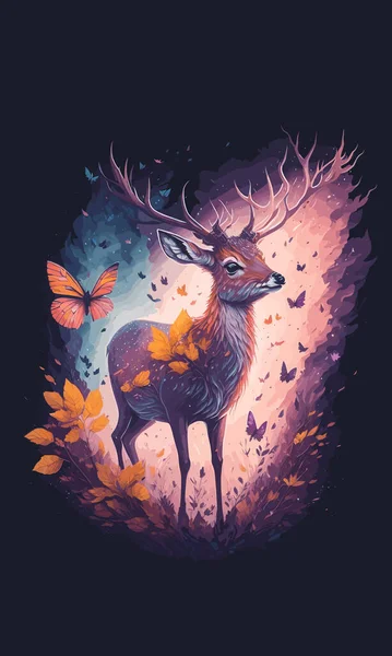 Fantasy Art Tiny Deer Forest — Stock Vector