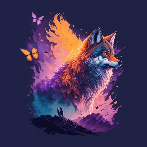 Fantasiegemälde Eines Wolfes Und Eines Schmetterlings — Stockvektor