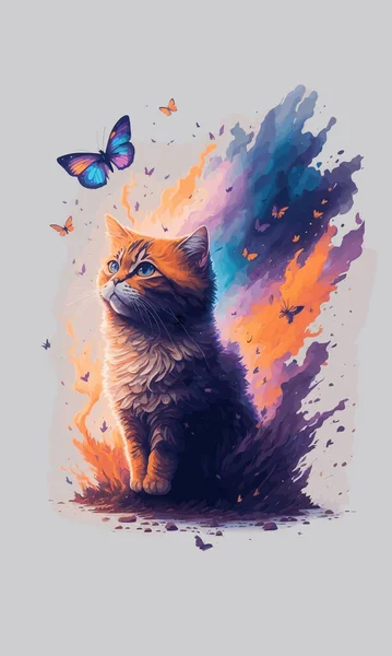 Egy Mágikus Festmény Egy Macskáról Egy Pillangóról — Stock Vector