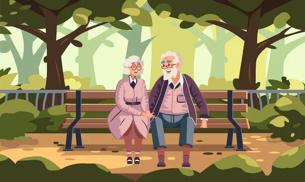 Elderly Couple Sitting Park Bench Poster Illustration Grandparents — Stock Vector