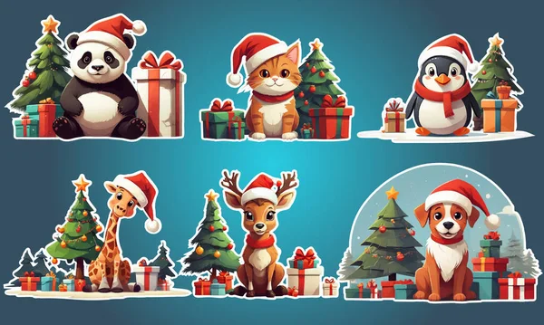Holiday animals in Santa hats stickers with Merry Christmas and New Year