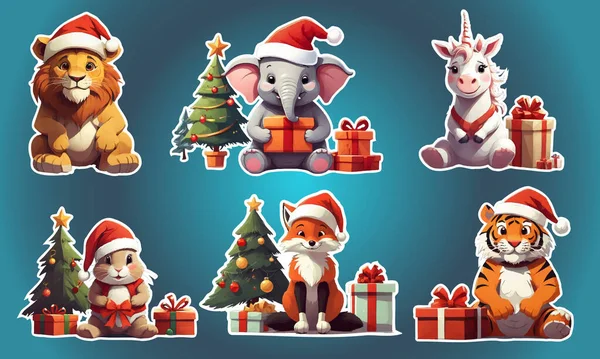 Holiday animals in Santa hats stickers with Merry Christmas and New Year