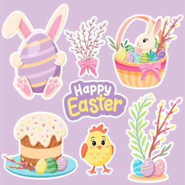 Large Lavender Easter Stickers with Bunny, Eggs, and Holiday Icons clipart