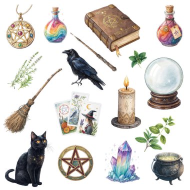 Gizemli suluboya büyü objeleri: iksir şişeleri, büyü kitabı, kara kedi, tarot kartları, kristaller, otlar ve daha fazlası. Sihirli tasarımlar, baskılar, çıkartmalar ya da markalar için mükemmel..