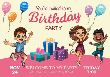 Heyecandan zıplayan üç neşeli çocuğun, renkli balonların ve canlı pembe bir arka planda hediyelerin olduğu karikatür tarzı doğum günü davetiyesi. Parti yazıcıları ve olay tasarımları için ideal.