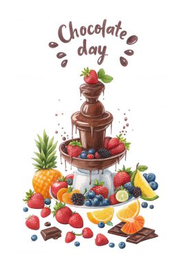 Ananas, çilek, portakal ve yabanmersini içeren taze meyve dilimleriyle çevrili bir çikolata çeşmesinin şenlikli suluboya çizimi. Çikolata Günü kartları, ambalaj ve olay tasarımı için ideal.