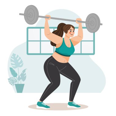 Spor salonunda halter kaldıran iri yarı bir kadının vektör çizimi. Bir deniz mavisi spor sutyeni ve siyah tayt giyiyor, kararlılık ve özgüvenle çömelmiş bir vaziyette duruyor. Bu güçlendiren fitness sahnesi gücü kutluyor, vücut.