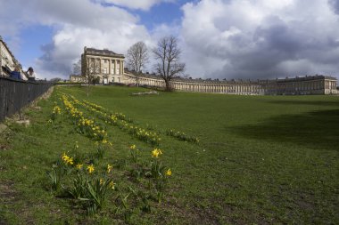 Bath, Somerset, İngiltere - 17 Mart 2023: Birleşik Krallık 'ın Somerset kentindeki UNESCO Dünya Mirası kentindeki tarihi Royal Crescent önünde bahar çiçekleri