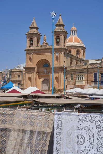 Marsaxlokk Malta June 2023 Historic Church Historic Fishing Town Marsaxlokk — Zdjęcie stockowe