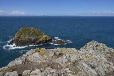Galler 'deki Pembrokeshire açıklarındaki Skomer Adası' nın engebeli kıyı şeridi..