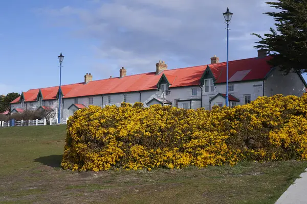 stock image STANLEY, FALKLAND ISLANDS - OCTOBER 26, 2023: Historic cottages at Victory Green on the waterfront in Stanley, Capital of the Falkland Islands. 