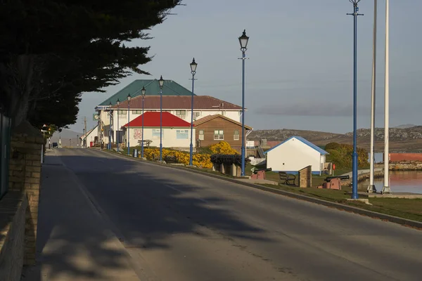 STANLEY, FALKLAND ISLANDS - OCTOBER 27, 2023: Historic buildings along the waterfront of Stanley, capital of the Falkland Islands.