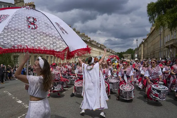 stock image Bath, England, United Kingdom - 13 July 2024: Drumming band performing at the annual carnival as it progresses through the streets of the historic city of Bath in Somerset.