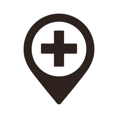 Hastane haritası rozeti. Tıbbi servis lokasyonu. Beyaz grupta izole edilmiş uygulamalar ve web siteleri için GPS sağlık konumu sembolü