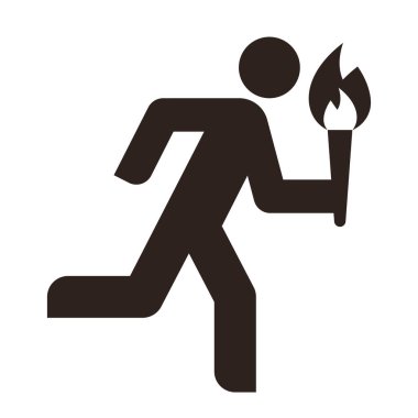 Olimpiyat meşalesi ikonuyla koşan adam. Meşale taşıyıcı işareti. Beyaz arkaplanda olimpik alev sembolü