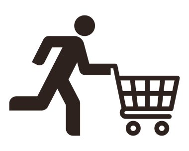 Alışveriş arabasıyla koşan adam. Alışveriş, aktif alışveriş ve harcama. Zaman yönetimi kavramı beyaz arkaplanda izole edildi