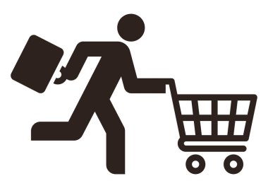 Alışveriş arabasıyla koşan adam. Alışveriş, aktif alışveriş ve harcama. Zaman yönetimi kavramı beyaz arkaplanda izole edildi