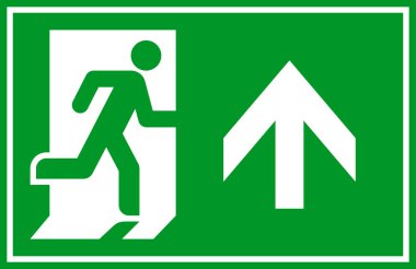 Koşan adam ve çıkış kapısı işareti. Çıkış yolu simgesi. Acil çıkış. Güvenlik sembolü. Kaçış yardım tahliye simgesi beyaz arkaplanda izole