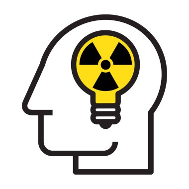 Radyoaktif sembollü ampullü baş, beyaz arkaplanda izole edilmiş elektrik üretimi simgesi için nükleer enerji kavramı