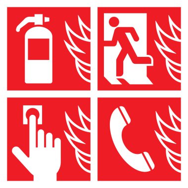 Yangın alarmı verildi. Yangın alarmı, tahliye güzergahı, yangın söndürücü ve itfaiye telefonu. Güvenlik uyarısı: İtfaiye simgeleri