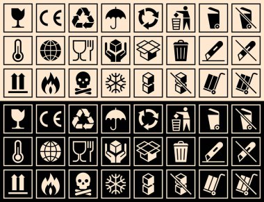 Karton ambalaj ikonu seti. Paket işareti etiketleri. Genel ambalaj, uyarı sembolü seti. 