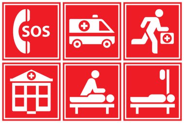 İlk yardım işareti kuruldu. Acil tıp ikonları. Sos, ambulans, sağlık görevlisi, hastane, canlandırma ve damar içi tedavi sembolleri. Tıbbi yardım etiketleri. 