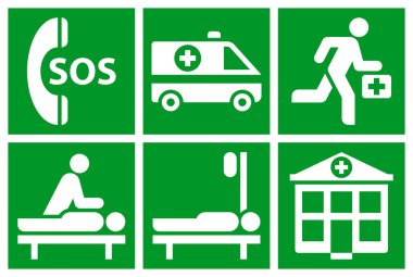 İlk yardım işareti kuruldu. Acil tıp ikonları. Sos, ambulans, sağlık görevlisi, canlandırma, damar içi terapi ve hastane sembolleri. Tıbbi yardım etiketleri. 