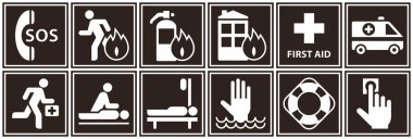 İlk yardım işareti kuruldu. Acil durum ikonları. Sos, ambulans, sağlık görevlisi, hastane, canlandırma, itfaiye, can simidi, cankurtaran sembolleri. Acil yardım etiketleri. Acil durum işaretleri.