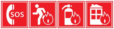 Yangın alarmı verildi. Güvenlik uyarısı itfaiye simgeleri. SOS yardım hattı, tahliye güzergahı, yangın söndürücü ve yangın sembolleri. Yangın güvenlik etiketleri.
