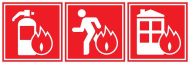 Yangın alarmı verildi. Güvenlik uyarısı itfaiye simgeleri. Yangın söndürücü, tahliye güzergahı ve yangın sembolleri. Yangın güvenlik etiketleri.