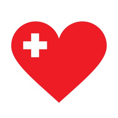 Vektör sağlık ikonu, kırmızı kalpte tıbbi haç. Beyaz arkaplanda kardiyoloji sembolü izole.