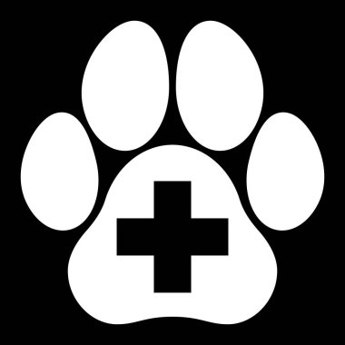 Tıbbi haç ikonuna sahip evcil hayvan pençesi. Veterinerlik kliniği konsepti, veterinerlik ve hayvan bakımı sembolü.