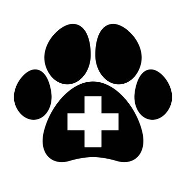Tıbbi haç ikonuna sahip evcil hayvan pençesi. Veterinerlik kliniği konsepti, veterinerlik ve hayvan bakımı sembolü.