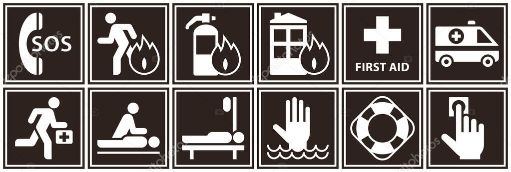 First aid sign set. Emergency icons. Sos, ambulance, paramedic, hospital, resuscitation, fire action, lifebuoy, lifeguard symbols. Emergency assistance labels. Emergency situation signs.