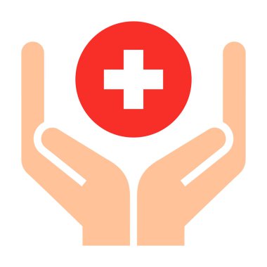 Sağlık hizmetleri ikonu, tıbbi haç ve eller. Tıbbi bakım sembolü. Acil tıbbi tabela beyaz arkaplanda izole edildi.