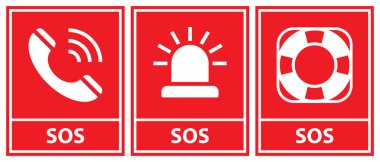 SOS simgesi seti. Acil durum alarm düğmesi, cankurtaran şamandırası ve acil çağrı sembolü. Kurtarma işareti etiketleri.