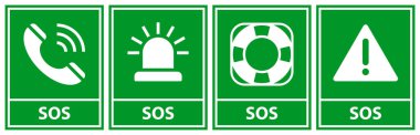 SOS simgesi seti. Acil durum alarmı, cankurtaran şamandırası, acil çağrı sembolü ve uyarı işareti. Kurtarma işareti etiketleri.
