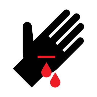 Kan ikonu damlalarıyla kanayan el. El işaretini kes. Tıbbi acil durum kavramı.