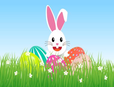 Çimenlerdeki Paskalya yumurtaları, sevimli çizgi film tavşanı. Parti daveti, tipografi posteri, tebrik kartı, afiş için vektör şablonu düzenlemesi kolay..
